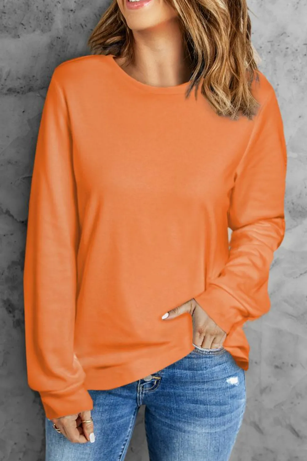 Outlet Dear-Lover Plain Crew Neck Long Sleeve Top Orange