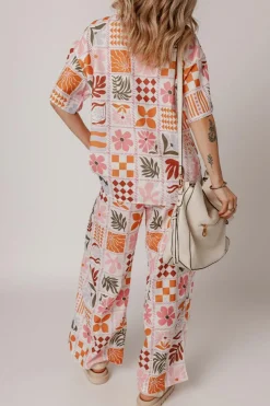 Clearance Dear-Lover Plant Checkered Print Collared Shirt and Wide Leg Pants Set Orange