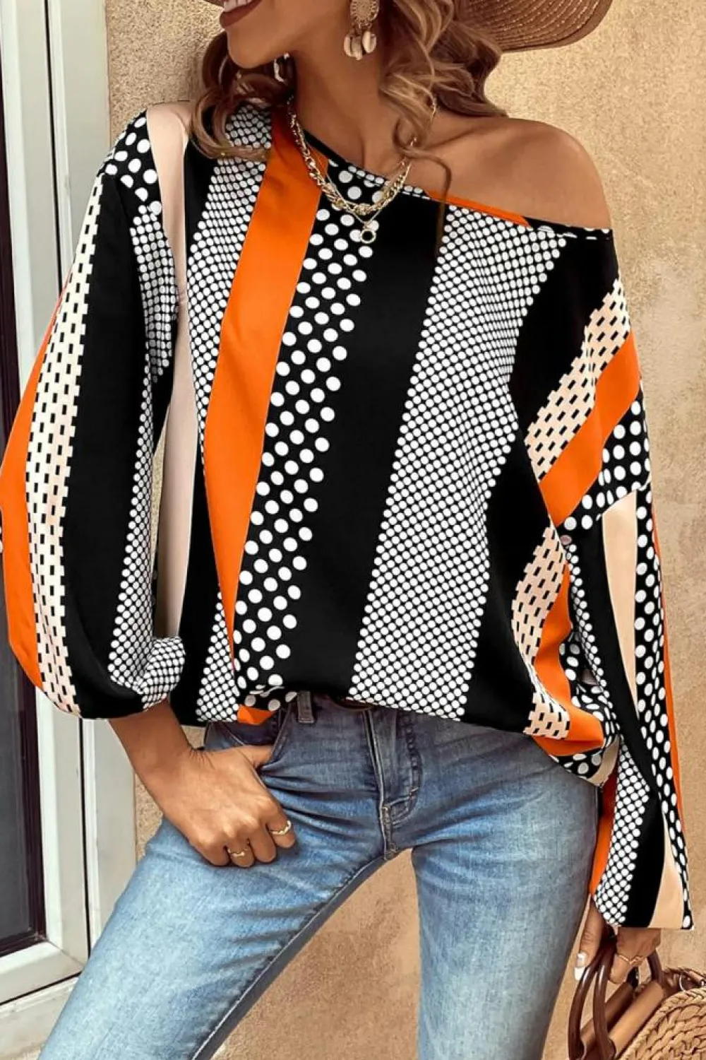 Sale Dear-Lover Polka Dot Vertical Striped Printed Puff Sleeve Blouse Orange