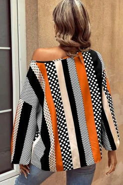 Sale Dear-Lover Polka Dot Vertical Striped Printed Puff Sleeve Blouse Orange
