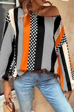 Sale Dear-Lover Polka Dot Vertical Striped Printed Puff Sleeve Blouse Orange