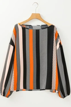 Sale Dear-Lover Polka Dot Vertical Striped Printed Puff Sleeve Blouse Orange