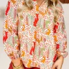 Hot Dear-Lover Split V Neck Puff Sleeve Blouse Orange Printed