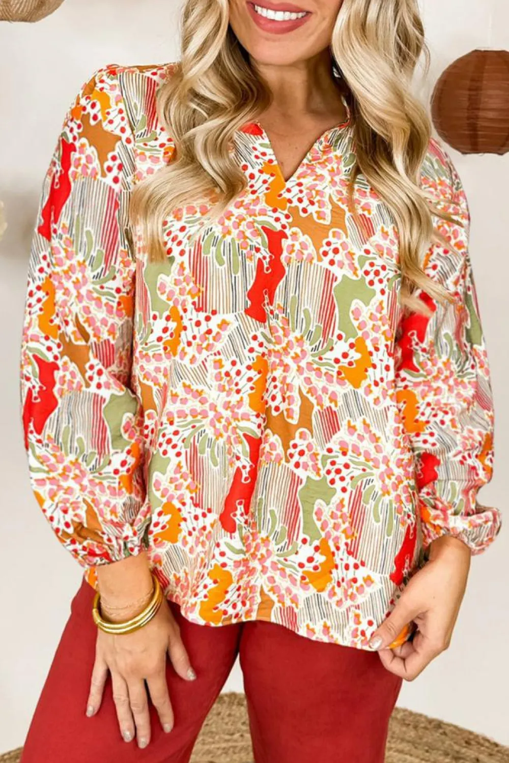 Hot Dear-Lover Split V Neck Puff Sleeve Blouse Orange Printed