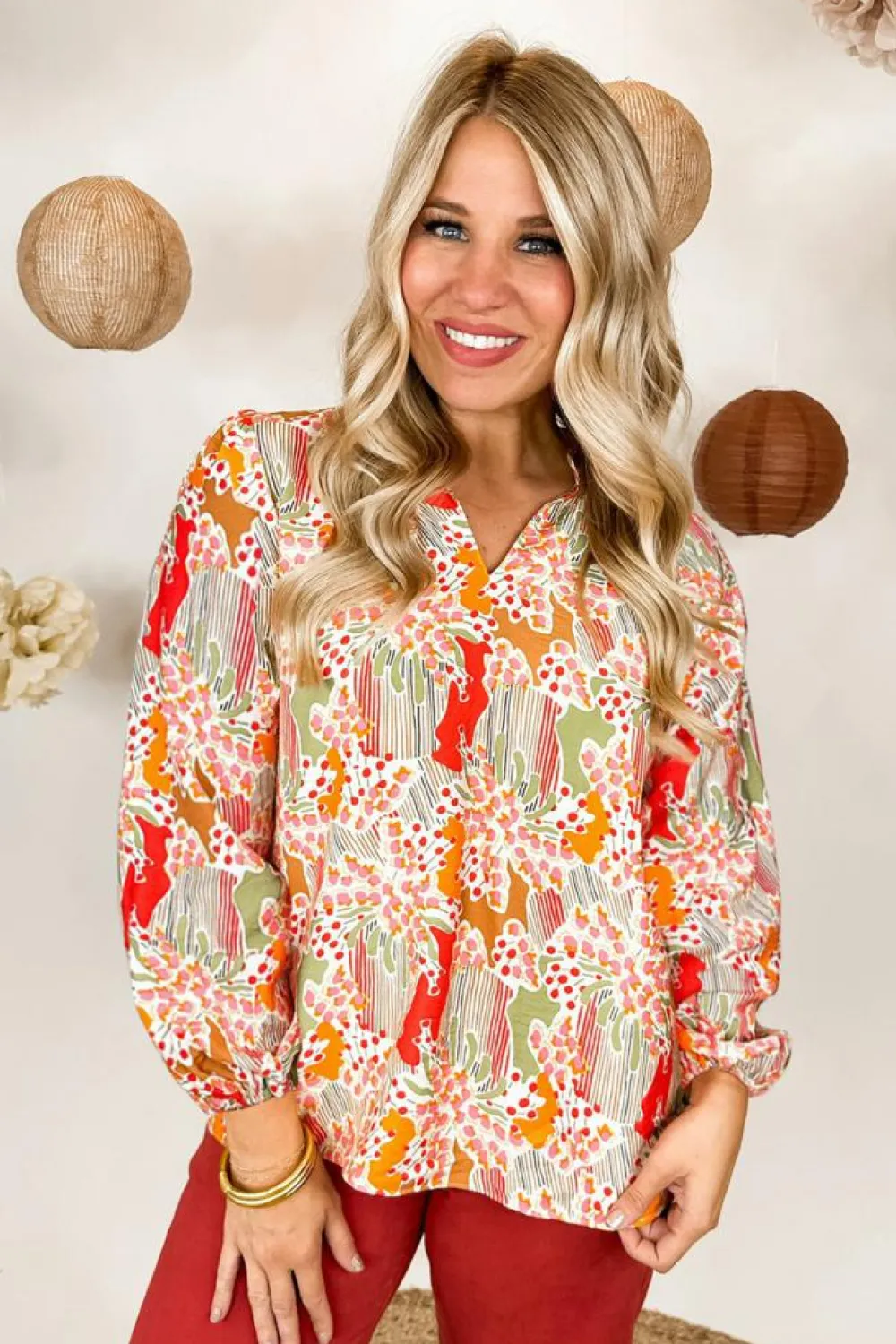 Hot Dear-Lover Split V Neck Puff Sleeve Blouse Orange Printed