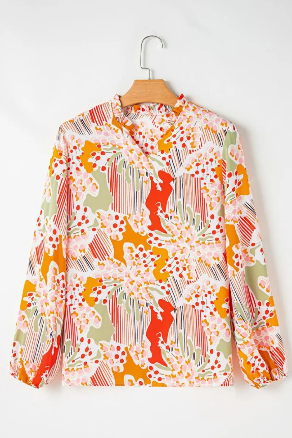 Hot Dear-Lover Split V Neck Puff Sleeve Blouse Orange Printed