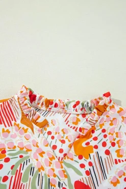 Hot Dear-Lover Split V Neck Puff Sleeve Blouse Orange Printed