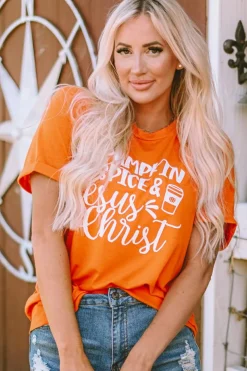 Fashion Dear-Lover PUMPKIN SPICE & Jesus Christ Graphic T-shirt Orange
