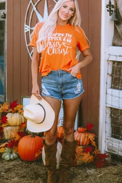 Fashion Dear-Lover PUMPKIN SPICE & Jesus Christ Graphic T-shirt Orange
