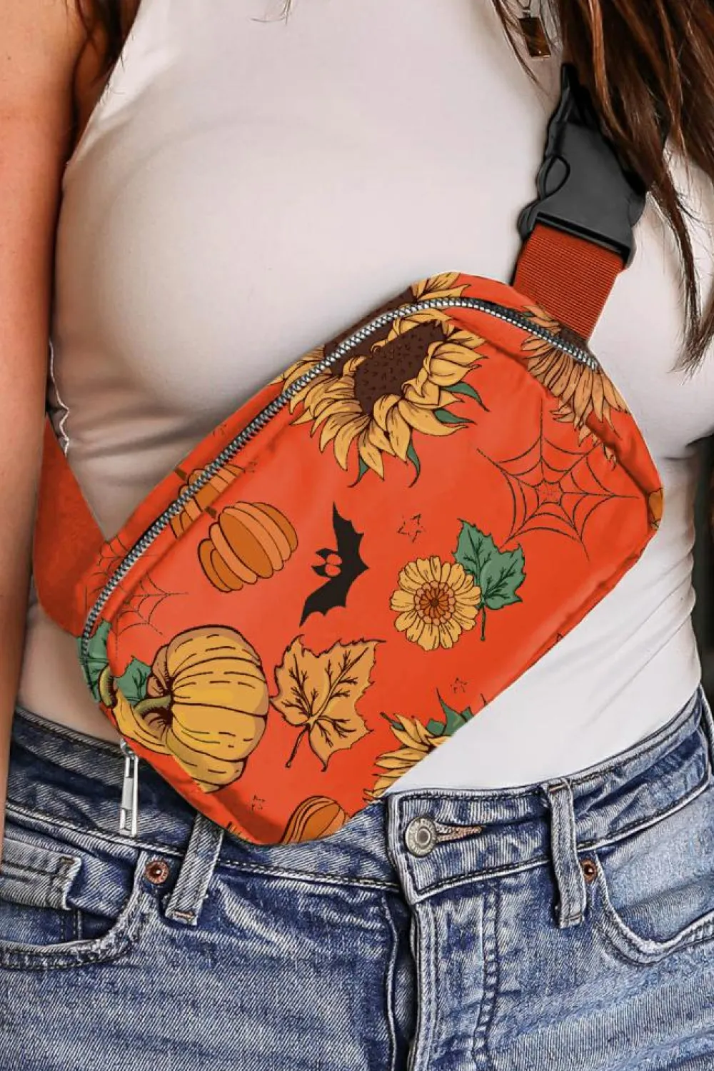 Online Dear-Lover Pumpkin Sunflower Halloween Graphic Crossbody Bag Orange