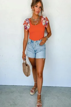 Outlet Dear-Lover Ribbed Knit Tiered Ruffled Sleeve Bodysuit Orange