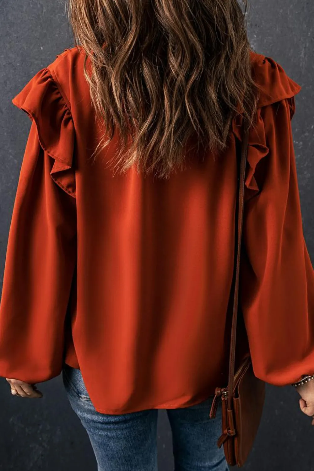 Clearance Dear-Lover Ruffled Pleated Buttoned V Neck Blouse Orange