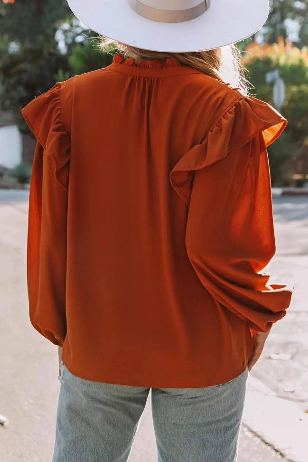 Clearance Dear-Lover Ruffled Pleated Buttoned V Neck Blouse Orange