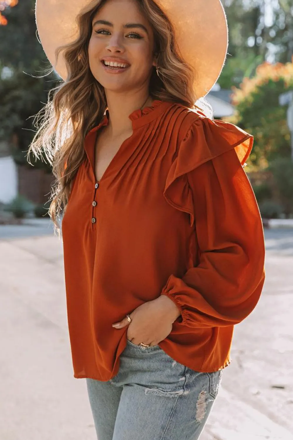 Clearance Dear-Lover Ruffled Pleated Buttoned V Neck Blouse Orange