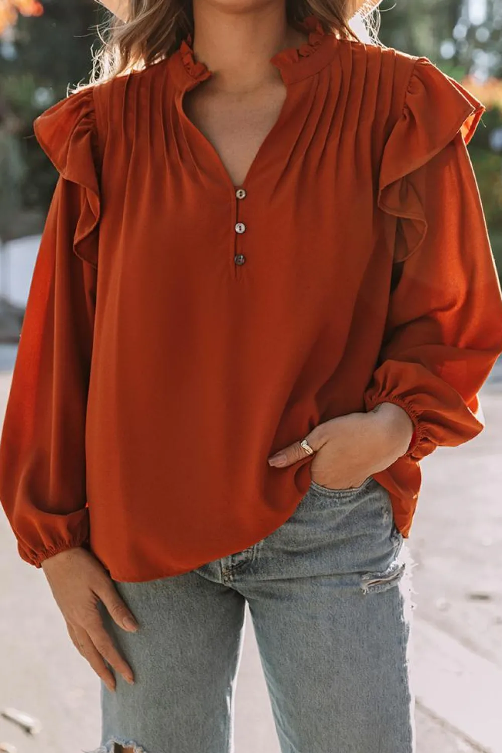 Clearance Dear-Lover Ruffled Pleated Buttoned V Neck Blouse Orange