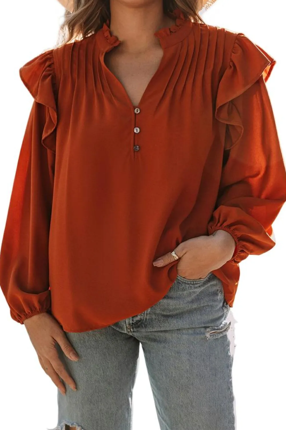 Clearance Dear-Lover Ruffled Pleated Buttoned V Neck Blouse Orange