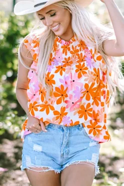 Discount Dear-Lover Ruffled Sleeve Smocked Floral Top Orange