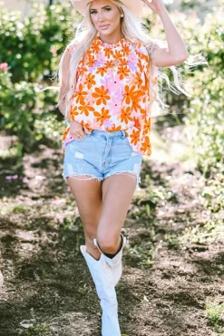 Discount Dear-Lover Ruffled Sleeve Smocked Floral Top Orange