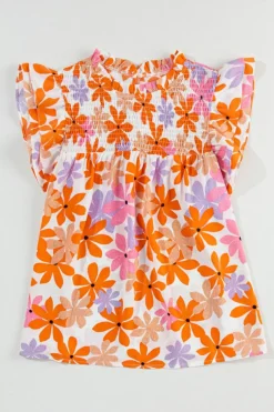 Discount Dear-Lover Ruffled Sleeve Smocked Floral Top Orange