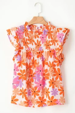 Discount Dear-Lover Ruffled Sleeve Smocked Floral Top Orange