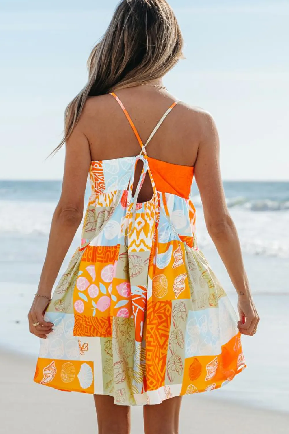 Clearance Dear-Lover Seashell Patchwork Print Self-tie Flowy Sundress Orange