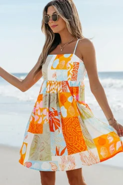 Clearance Dear-Lover Seashell Patchwork Print Self-tie Flowy Sundress Orange