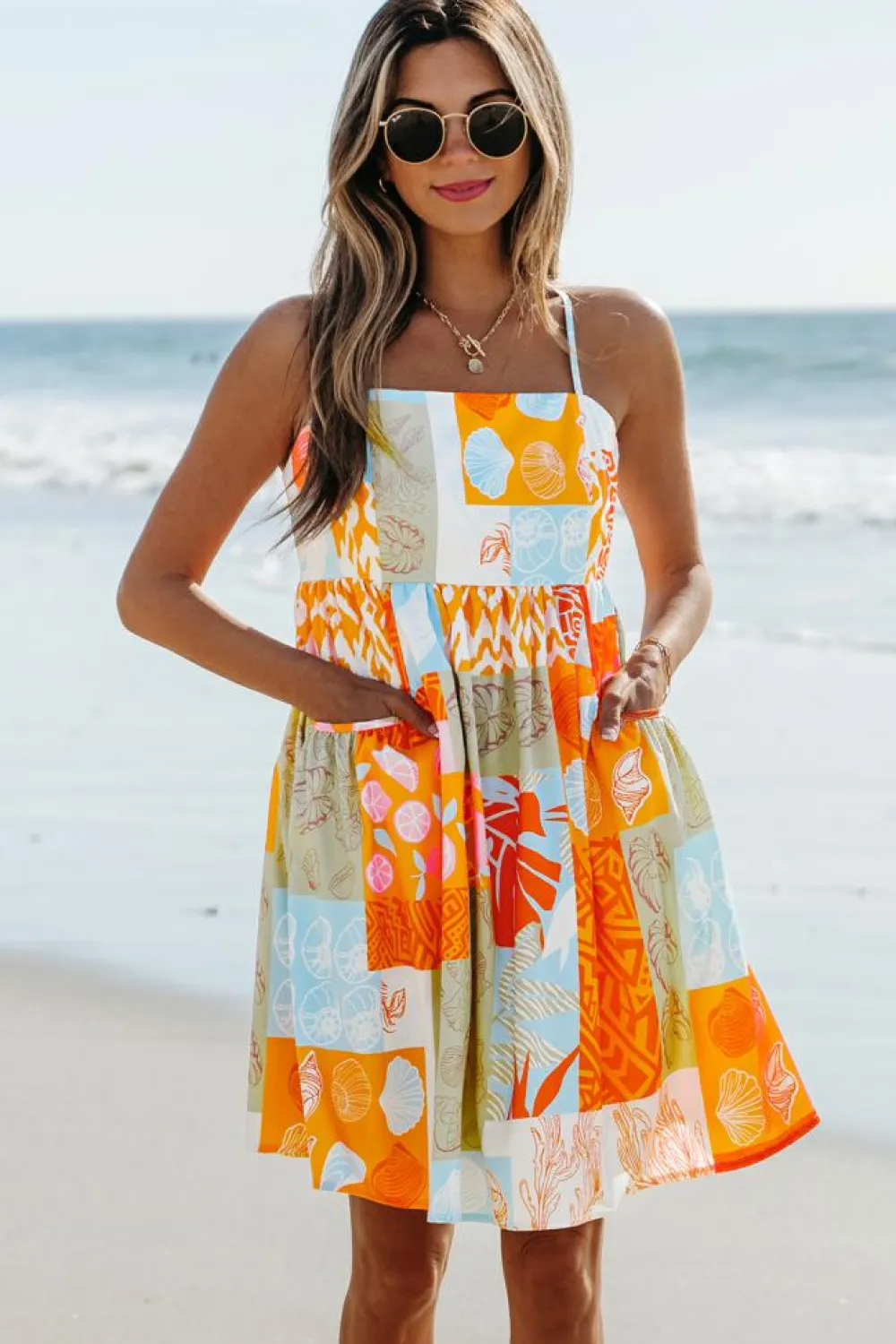 Clearance Dear-Lover Seashell Patchwork Print Self-tie Flowy Sundress Orange