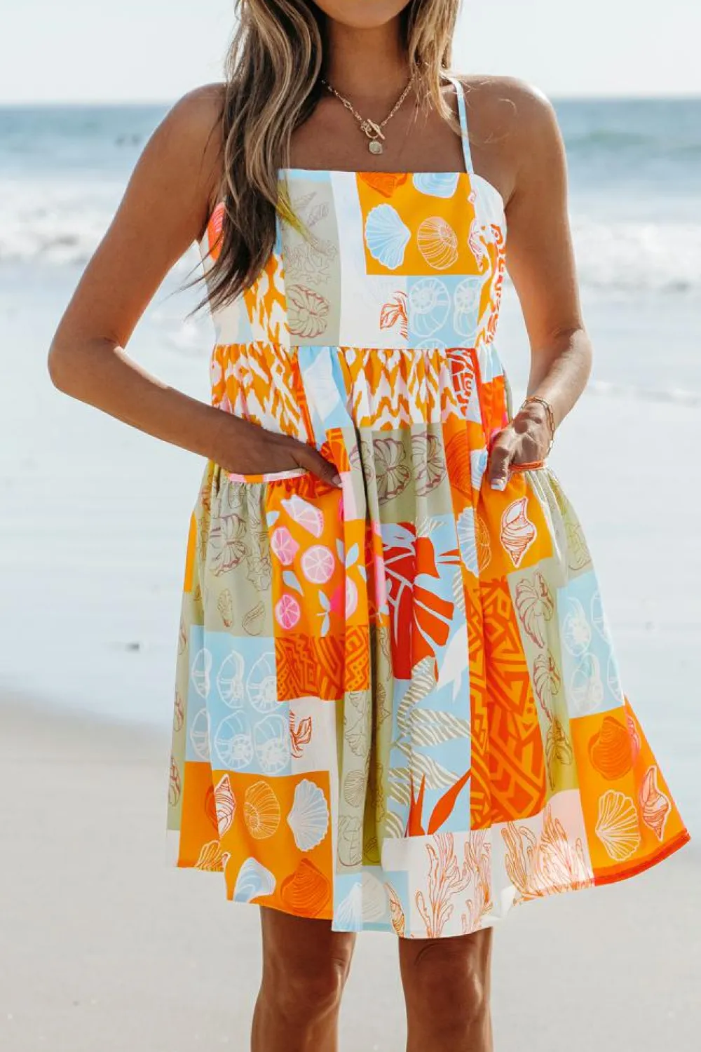 Clearance Dear-Lover Seashell Patchwork Print Self-tie Flowy Sundress Orange
