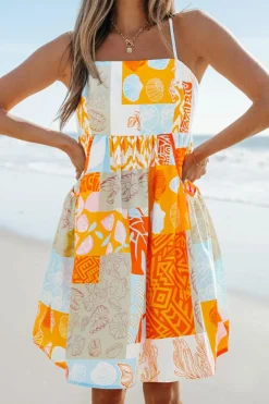Clearance Dear-Lover Seashell Patchwork Print Self-tie Flowy Sundress Orange