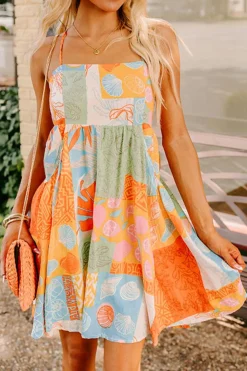 Clearance Dear-Lover Seashell Patchwork Print Self-tie Flowy Sundress Orange