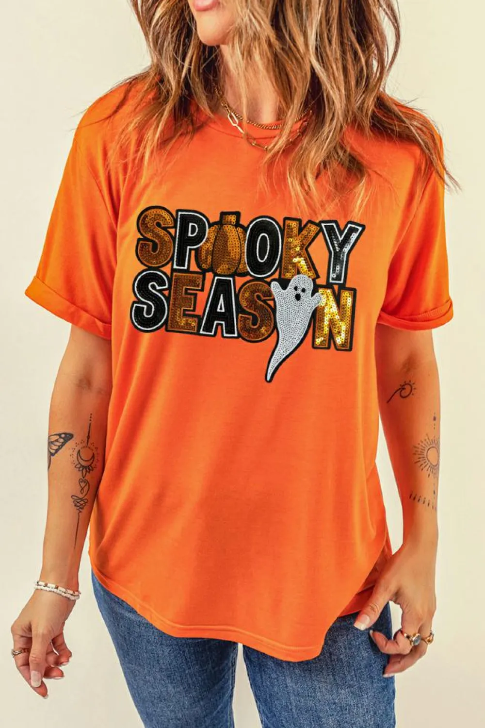 Clearance Dear-Lover Sequin SPOOKY SEASON Ghost Pattern Halloween T Shirt Orange