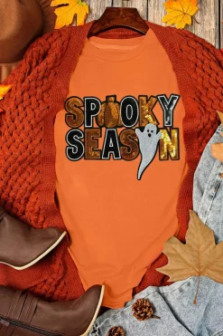 Clearance Dear-Lover Sequin SPOOKY SEASON Ghost Pattern Halloween T Shirt Orange