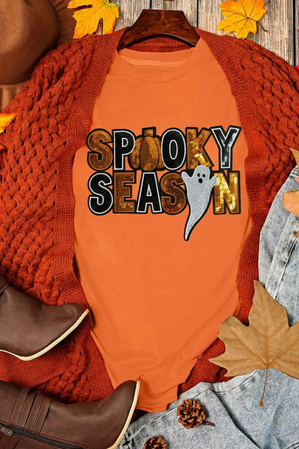 Clearance Dear-Lover Sequin SPOOKY SEASON Ghost Pattern Halloween T Shirt Orange