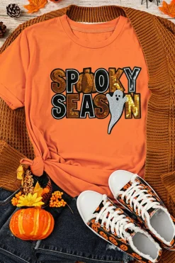 Clearance Dear-Lover Sequin SPOOKY SEASON Ghost Pattern Halloween T Shirt Orange
