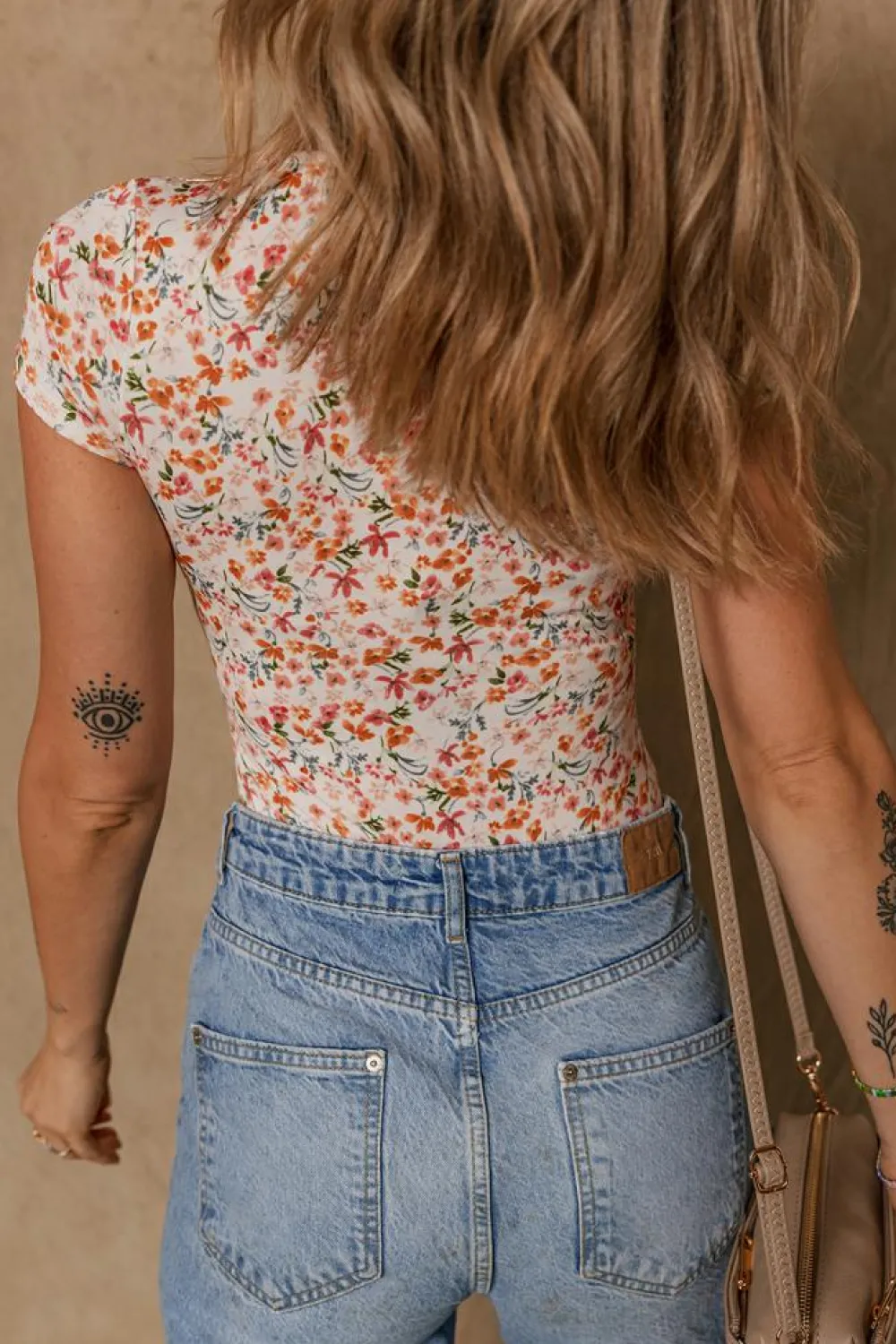 Fashion Dear-Lover Short Sleeve Floral Ruched Sweetheart Bodysuit Orange