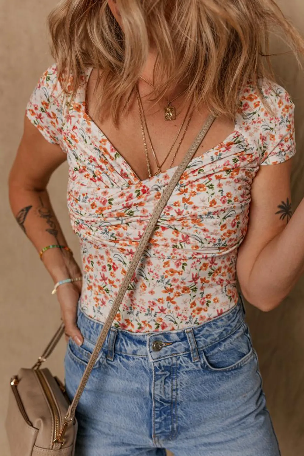 Fashion Dear-Lover Short Sleeve Floral Ruched Sweetheart Bodysuit Orange