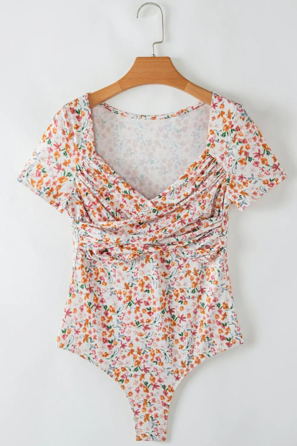 Fashion Dear-Lover Short Sleeve Floral Ruched Sweetheart Bodysuit Orange