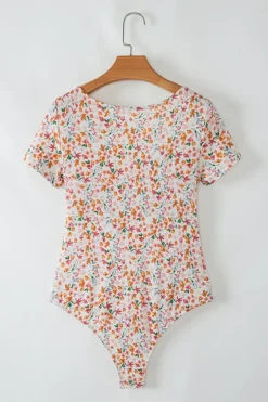 Fashion Dear-Lover Short Sleeve Floral Ruched Sweetheart Bodysuit Orange