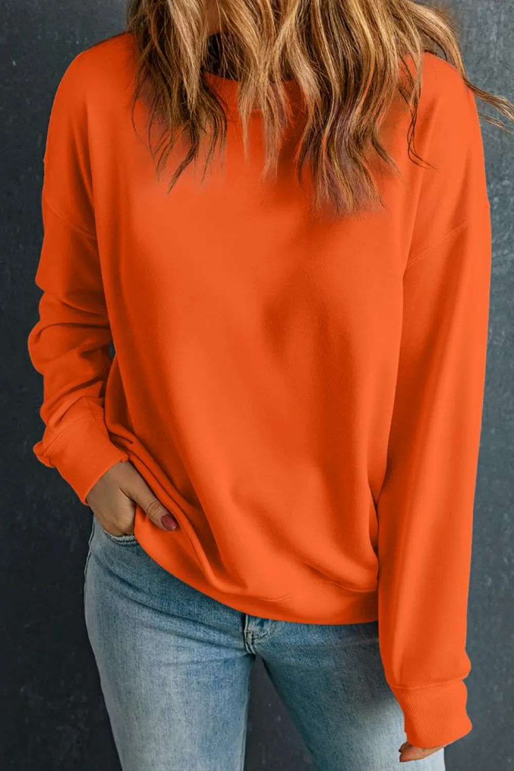 Best Dear-Lover Solid Classic Crewneck Pullover Sweatshirt Orange