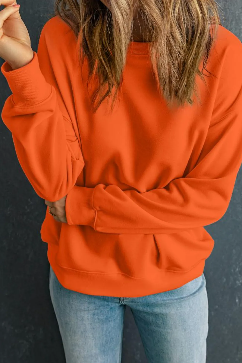 Best Dear-Lover Solid Classic Crewneck Pullover Sweatshirt Orange