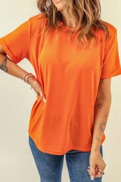 Sale Dear-Lover Solid Color Crew Neck Tee Orange