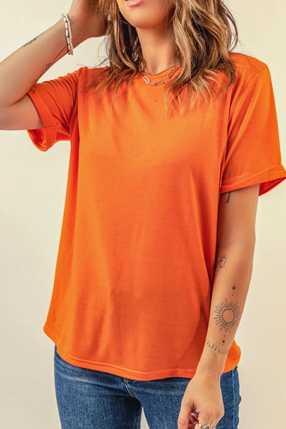 Sale Dear-Lover Solid Color Crew Neck Tee Orange