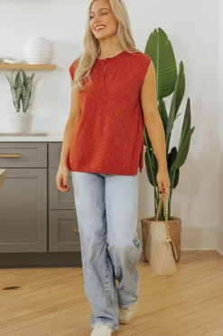 Discount Dear-Lover Solid Color Split V Neck Short Sleeve Sweater Orange