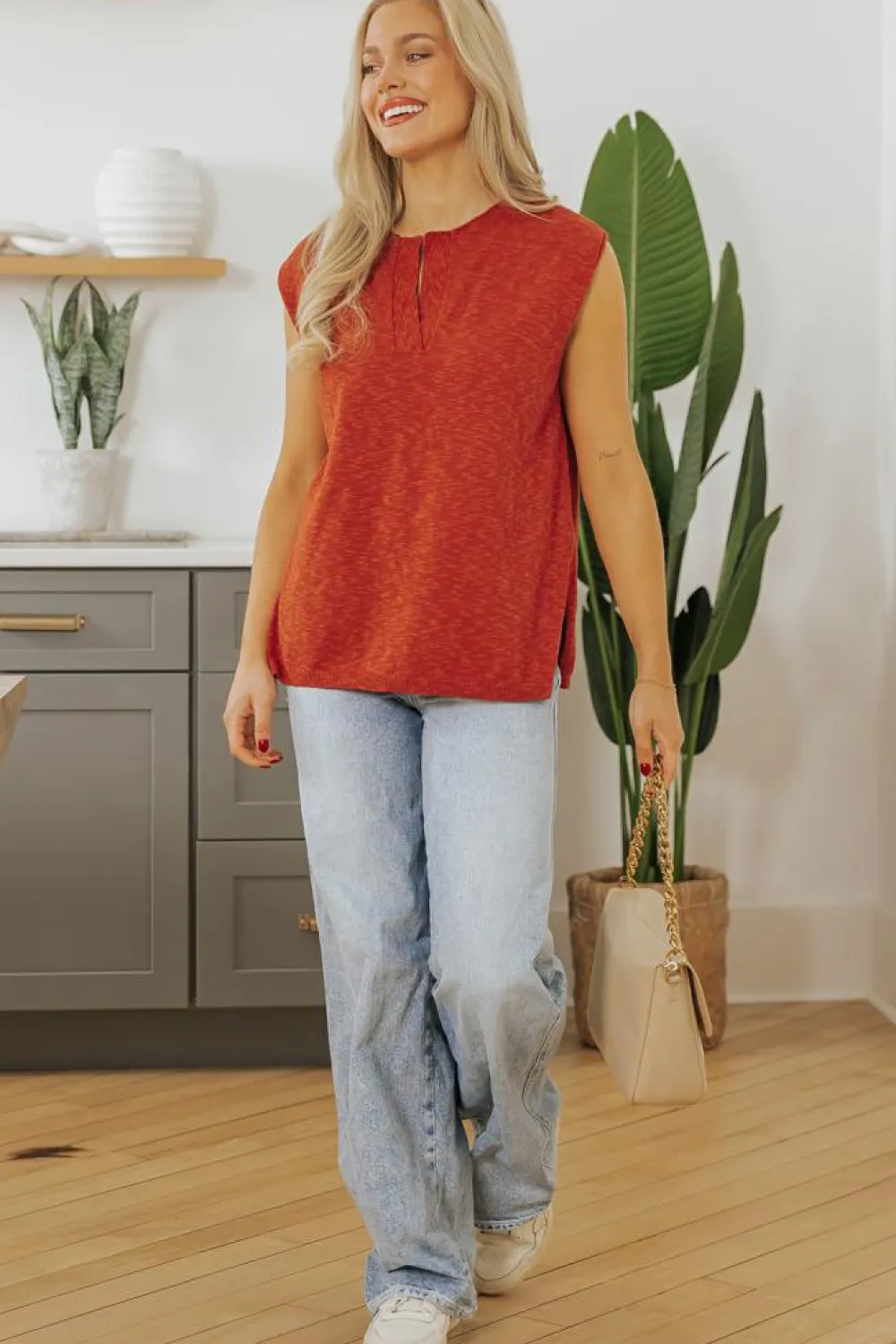 Discount Dear-Lover Solid Color Split V Neck Short Sleeve Sweater Orange