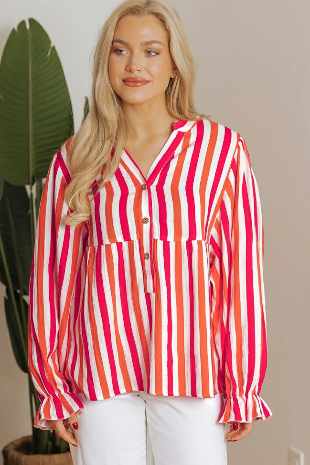 New Dear-Lover Balloon Sleeve Notched V Neck Buttoned Front Blouse Orange Stripe