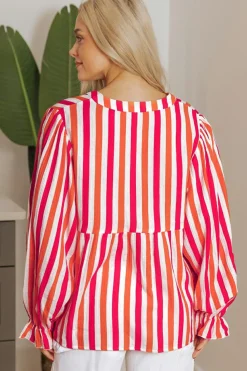 New Dear-Lover Balloon Sleeve Notched V Neck Buttoned Front Blouse Orange Stripe