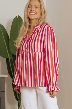 New Dear-Lover Balloon Sleeve Notched V Neck Buttoned Front Blouse Orange Stripe
