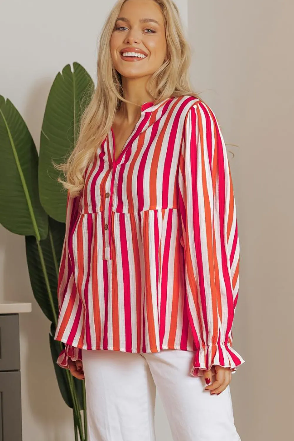 New Dear-Lover Balloon Sleeve Notched V Neck Buttoned Front Blouse Orange Stripe