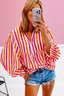 New Dear-Lover Balloon Sleeve Notched V Neck Buttoned Front Blouse Orange Stripe
