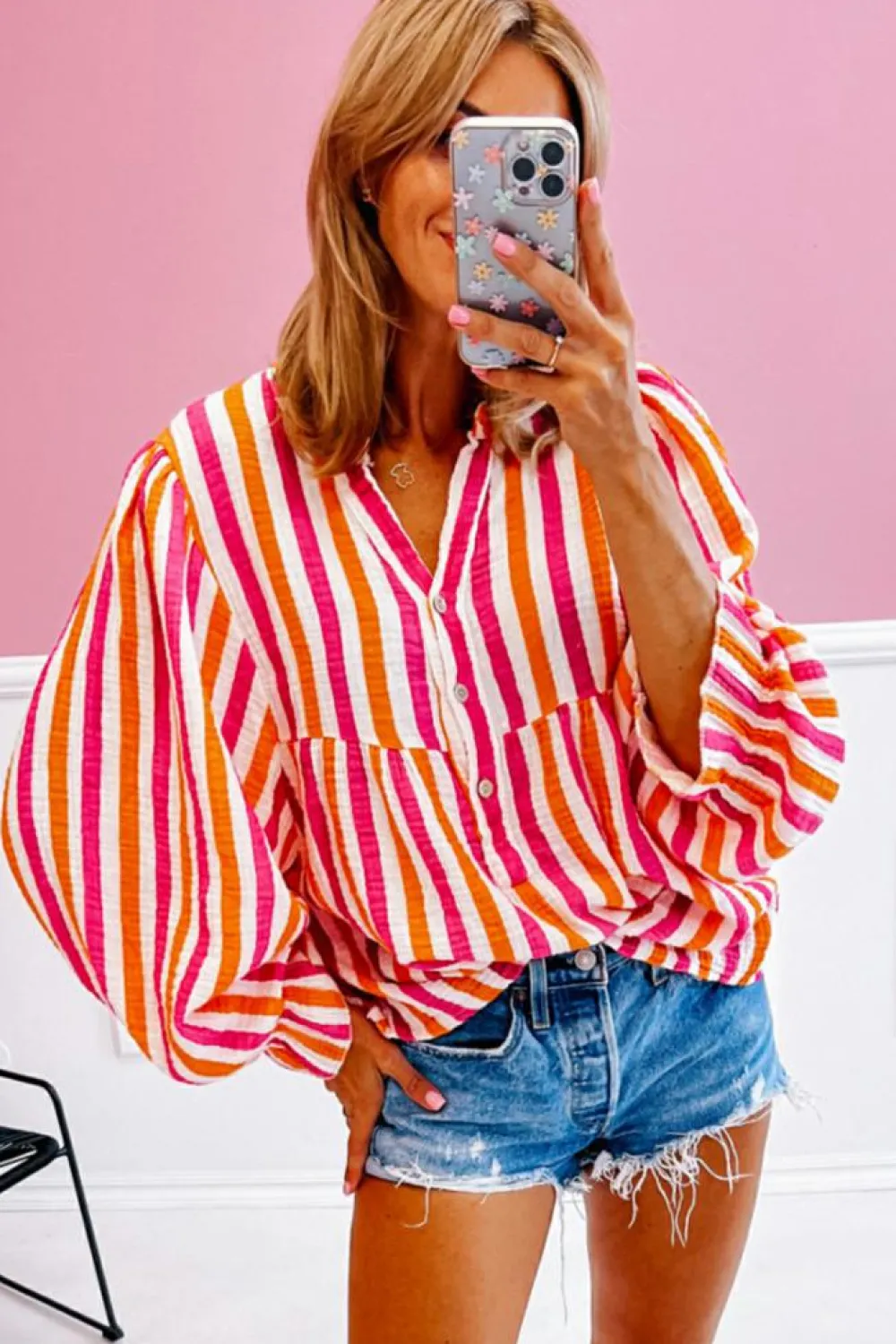 New Dear-Lover Balloon Sleeve Notched V Neck Buttoned Front Blouse Orange Stripe